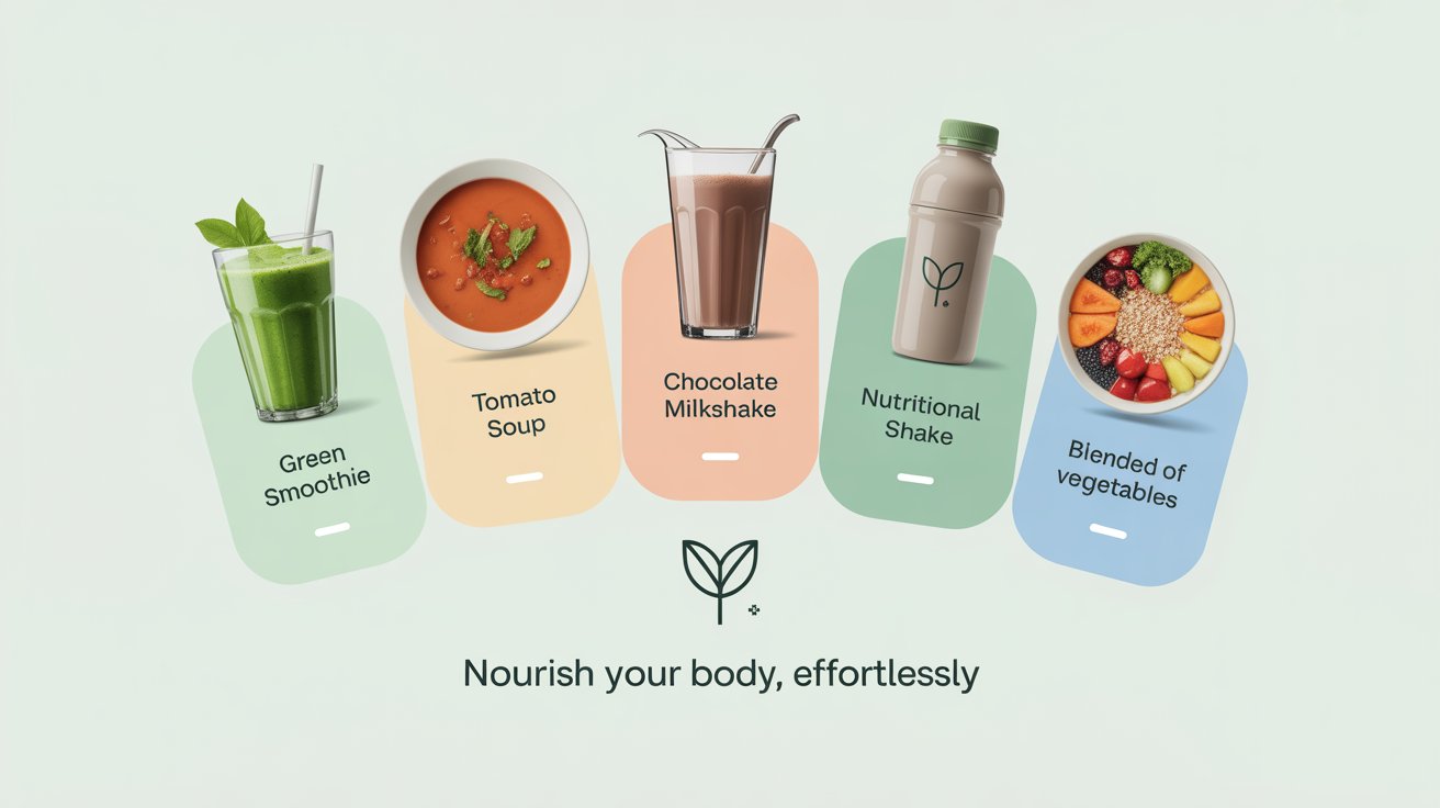 "Infographic showing common Liquid Diet Recipes foods: smoothie, soup, milkshake, nutritional shake, and blended meal."